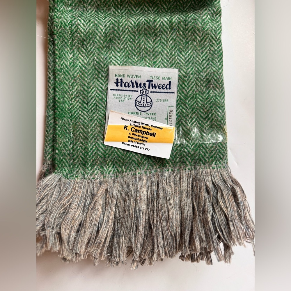 Harris Tweed! Rare In US! Green Herringbone Wool Scarf with Fringe